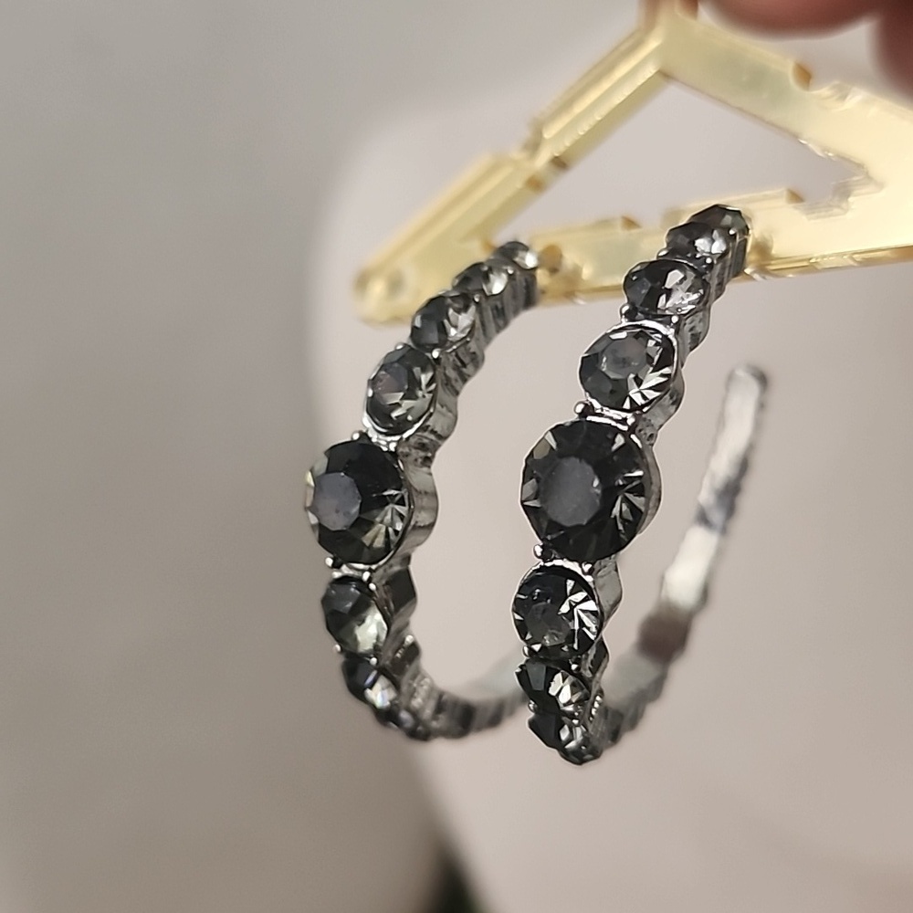 Silver with Smokey Grey Crystal Stones Hoop Earrings